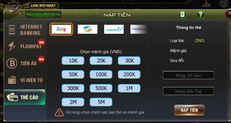 Nạp tiền qua thẻ cào nhanh chóng an toàn tiện lợi tại b52 Club.